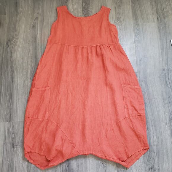 100% Linen Parachute Overall 2X Coral Red Sleeveless Lagenlook Flowy Minimalist - Picture 1 of 7